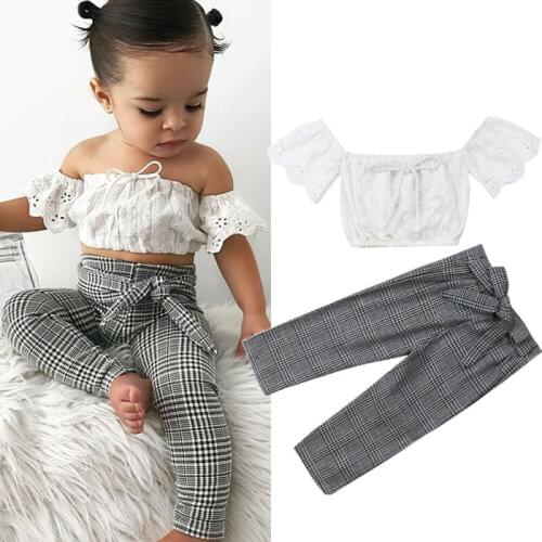 2019 Fashion Baby Girl Summer outfit Off Shoulder white Lace Crop Tops High Waist Plaid Bow Pants 2Pcs Girl Outfits