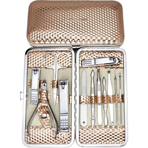 12pcs/set Professional Toe Nail Clipper Scissors Nail Care Kit Manicure Grooming Set with Travel Case Golden Color Nail Repair