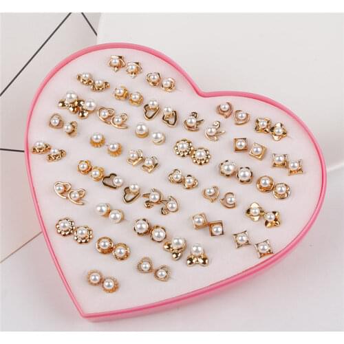 Random Mix 36 Pairs/Set Heart Flower Metal White Simulated Pearl Stud Earrings Set For Women Wedding Piercing brincos Bijoux
