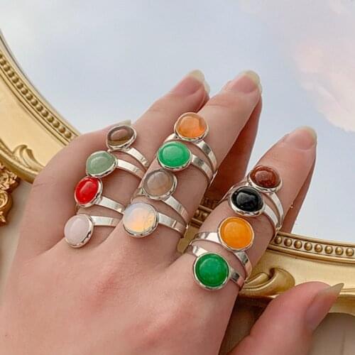 Natural Stone Open Rings for Women 10 mm Lapis Lazuli Malachite Opal Classical Rings for Lady Wedding Gifts for Girls Adjustable