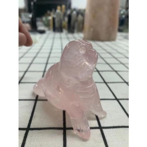 Natural pink crystal healing sea lion carving home furnishings office decor feng shui