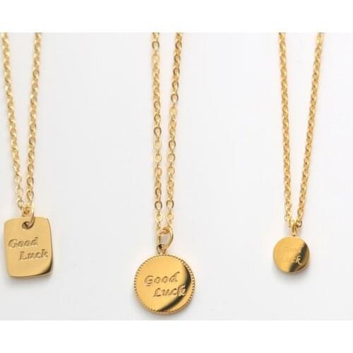316L Stainless Steel Good Luck Letter Inspired Signet Square Round Pendant Womens Necklace Link Chain Choker For Girl