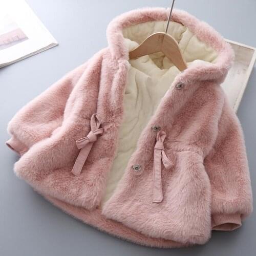 2021 Girls Kids Winter Coat Fake Fur Soft Velvet Thickening Warm Hooded Coats Cute Baby Belt Overcoats Children Clothing 0-8T
