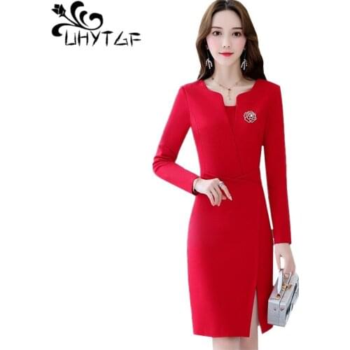UHYTGF Spring autumn dress women long sleeve V-neck pullover female elegant dresses red black temperament mini dress Genuine 888