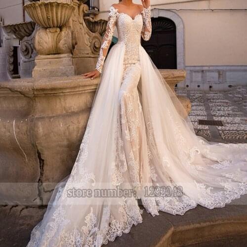 Sexy sweetheart long-sleeved mermaid wedding dress embroidered lace delicate 2020 detachable train wedding dress