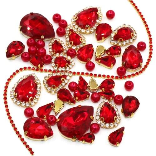 Wedding Decoration gold base Red Mix size Glass Crystal Stones Pearl Beads Cup Chain Rim Rhinestones Sew On Clothing/Dress