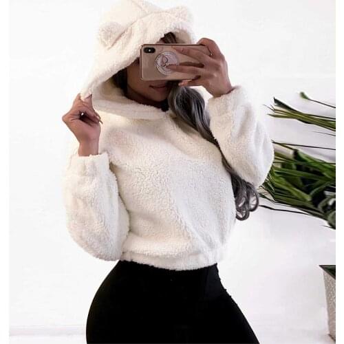 SEASONS Hooded Lamb Wool Cropped Sweatshirts Autumn Winter Women Pullovers Long Sleeve Hoodies Outfits Streetwear Tops ASHO80497