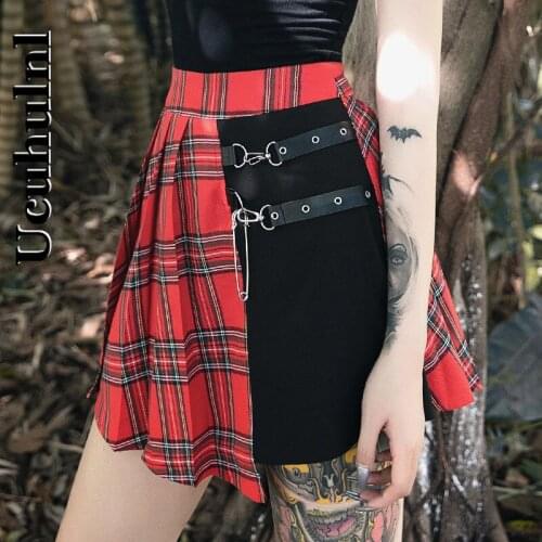 Ucuhulnl Gothic Punk Skirts Women Red Plaid Pleated Ball Gown High Waist Patchwork Mini Skirt Fashion Streetwear Buckle Female