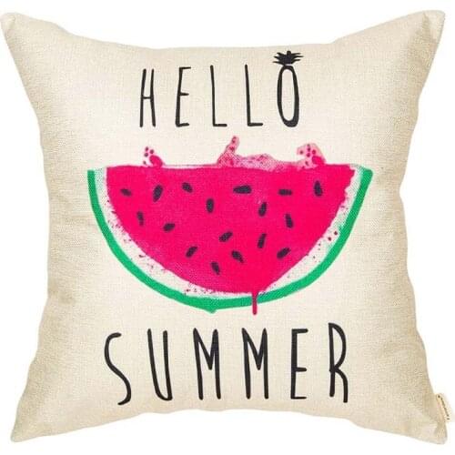 Hello Summer Watercolor Watermelon Seasonal Cotton Linen Home Decorative Throw Pillow Case Cushion Cover with Words for Sofa Cou