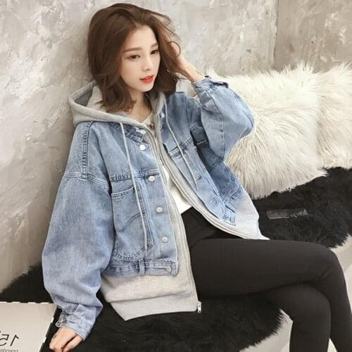 Womens denim jacket with hooded loose long sleeves oversized 2021 autumn sweater Korean fashionable coat