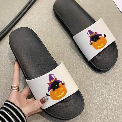 2021 Shoes for Woman Summer Newest Fashion Vouge Falloween Pumpkin Black Cat Pattern Beach Sandals High Quality Printing Slipper