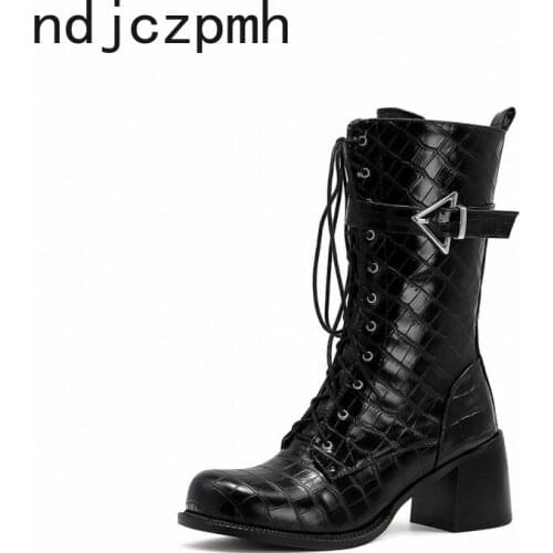 Design Female Chunky High Heels Ankle Boots Fashion Zip Lace-up High Platform Boots Women Street Punk Shoes Woman Plus Size34-48