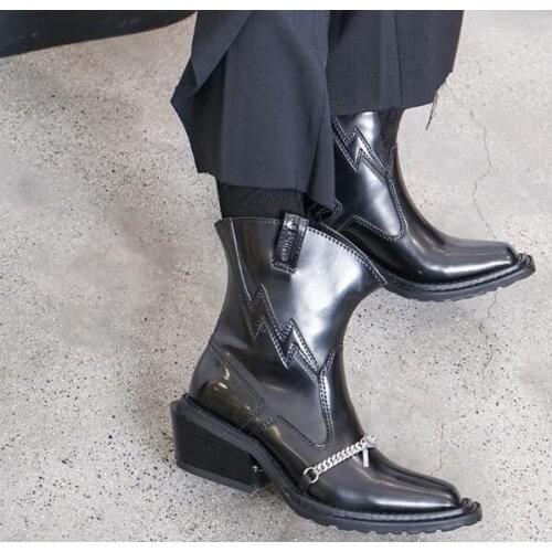 British Retro Black Genuine Leather Square Toe Chains Chelsea Short Boots Woman 45 MM Low Heels Slip On Street Punk Style Boots