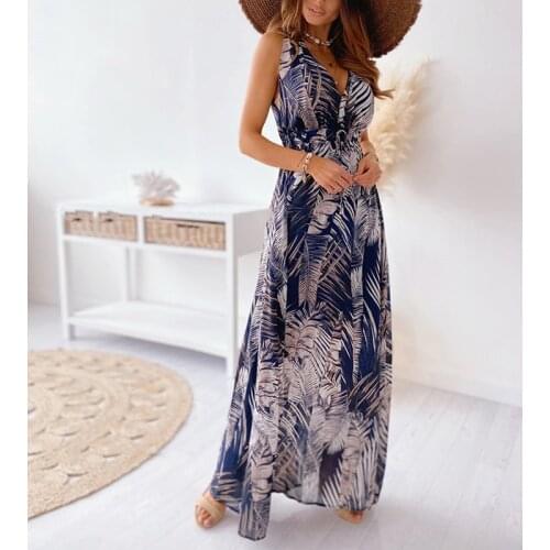 Women Beach Boho Floral Print Dresses For Women Sexy Sleeveless Loose A-Line Lady Dress Summer Women Casual Dresses Vestidos