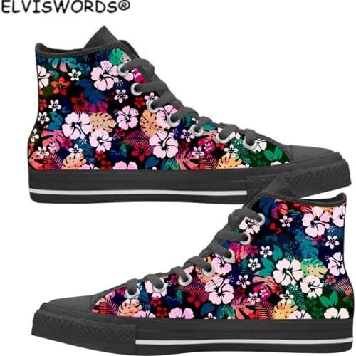 ELVISWORDS Hawaiian Tropical Floral Seamless Pattern Lace-up Ladies Vulcanized Flats Shoes Stylish Womens Sneakers Canvas