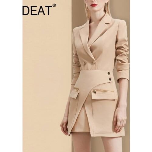 DEAT Office Lady Elegant Suit Women Notched Long Sleeve Slim Blazer + Zipper Pocket Tied Waist Skirt Set 2021 New Summer HT475