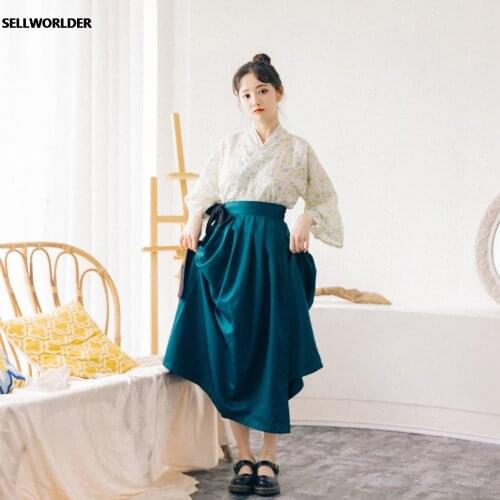 2020 Women retro Japanese Kimono Style V neck yukata Vintage two pieces Floral print Cross Top and Skirt