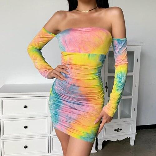 Womens Summer New Fashion Beautiful Sexy Slim Straight Neck Hedging Tie Dye Pleated One Shoulder Tube Top Long Sleeve Dress