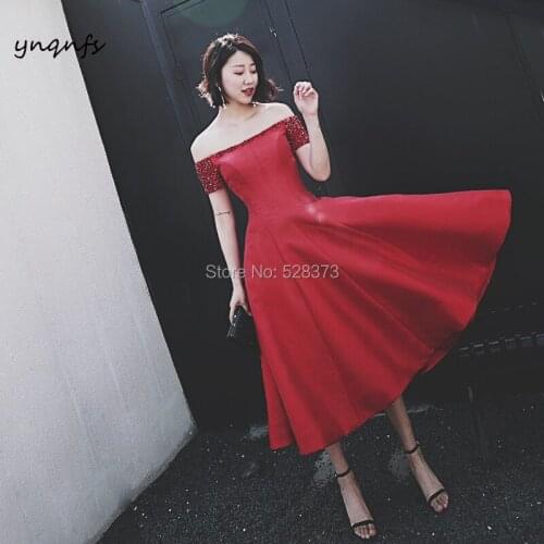 YNQNFS CD94 Robe Homecoming Dresses Crystal Off Shoulder Tea Length Vintage 2018 Bridesmaid Dresses