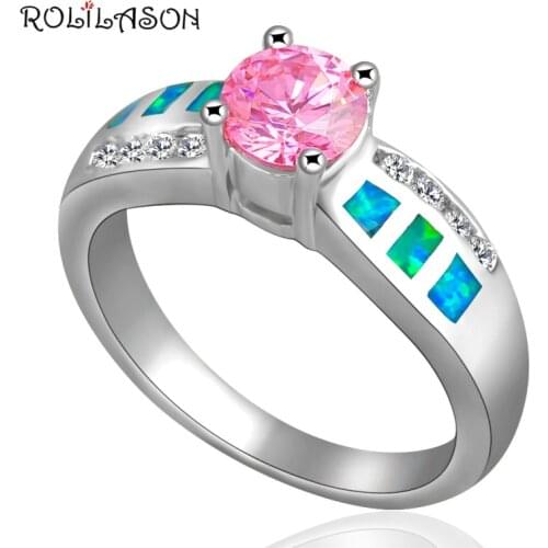 Pink Crystal Blue Fire Opal Silver stamped Ring for women USA Sz #7.5 #6.5 Fashion Jewelry OR304