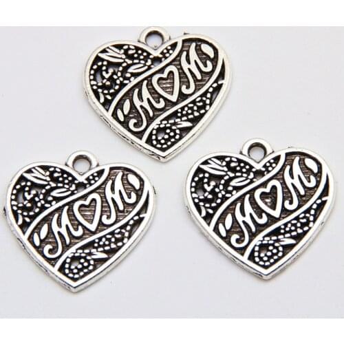 10pcs Silver Color Heart Shaped Carved Mom Charms Making Love Letters Trinket Necklaces Jewelry Handcraft 18x18mm A3421
