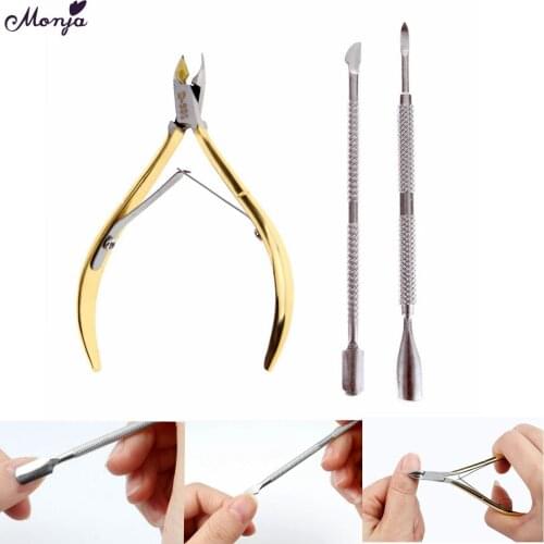 Monja 3pcs Nail Art Dual End Professional Stainless Steel Cuticle Clipper Cutter Dead Skin Remover Spoon Pusher Manicure Tool