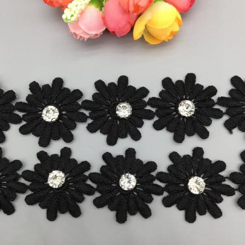 50x Black Daisy 3D Flower Cotton Lace Trim Embroidered Fabric Ribbon Applique DIY Wedding Dress Clothes Sewing Carft 3.8cm