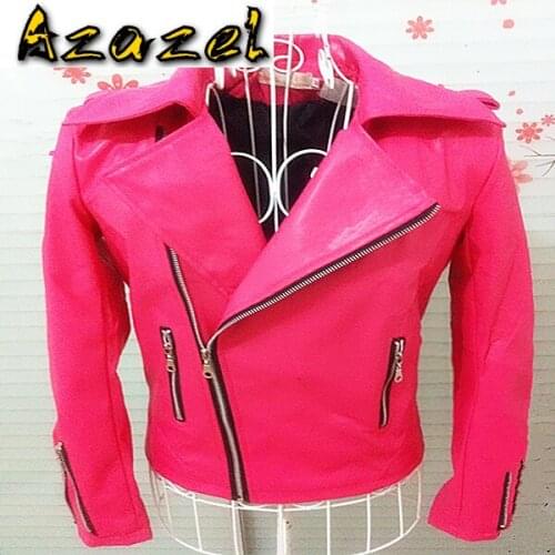 Azazel New Korean NightClub Bar DJ Male Singer Costume Men Fashion Phosphor Red White Slim Long Sleeve Motorcycle Leather Jacket
