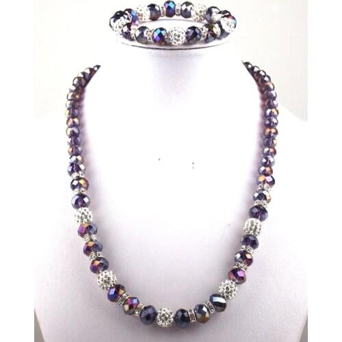 Free shipping New arrival crystal spacers and 8mm,10mm shiny purple crystal glass beads and pave ball necklace bracelet set