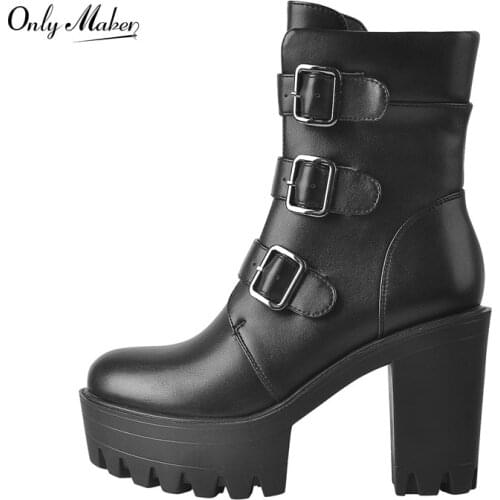 Onlymaker Platform Boots Ankle Boots Round Toe Matte Black Metal Buckle Punk Zipper Square Chunky High Heel Booties