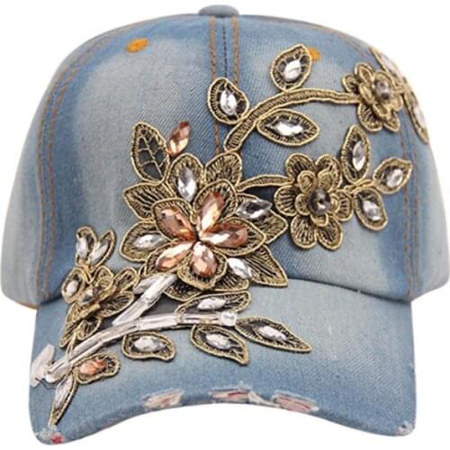 Flower Embossed Baseball Cap Women Rhinestone Denim Baseball Cap Summer Fashion Women Jeans Hat gorras hombre кепка мужская