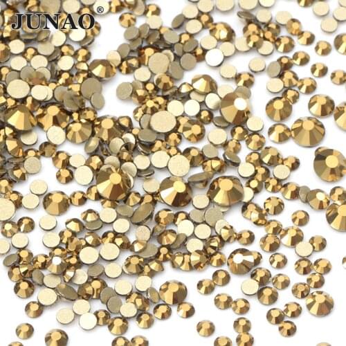 JUNAO 1400pcs SS6 8 10 12 16 20 Mix Size Gold Flatback Nail Rhinestones Non Hotfix Glass Gems Stones Nail Art Decoration