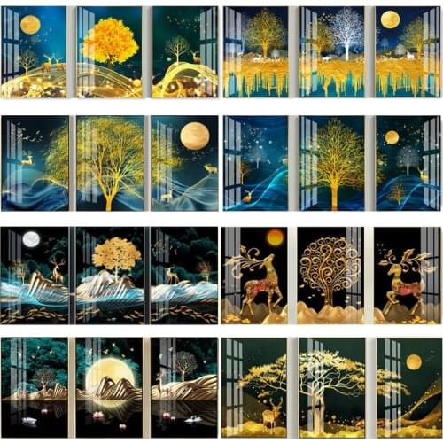 DIY Oil Painting by Numbers Deer Trees Triptych Pictures Animal Abstract Paint Wall Sticker Coloring Landscape Gift Home Decor