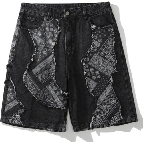 2021 Hip Hop Denim Shorts Bandana Paisley Pattern Patchwork Short Jeans Streetwear Harajuku Fashion Casual Baggy Short Pants