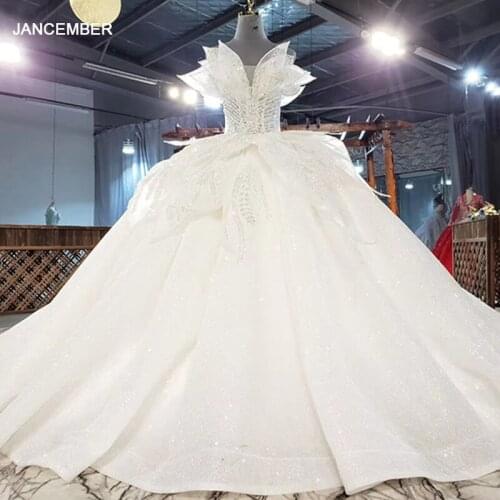 HTL1906 Deep V-Neck Luxury Beading Sequined Wedding Dress 2020 Short Sleeve Lace Up Back Off The Shoulder