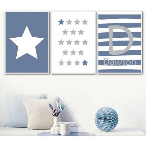 Personal Name Custom Blue Star Wall Art Cartoon Canvas Painting Kids Poster and Print Pictures for Boy Nursery Bedroom Decor
