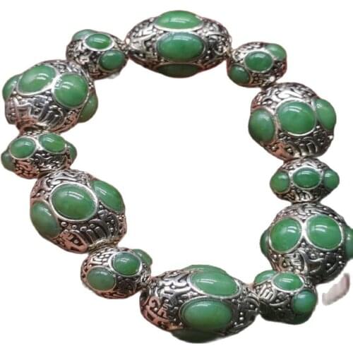 China Old Tibetan Silver Inlaid Green Colour Jade Bead Hand String Bracelet