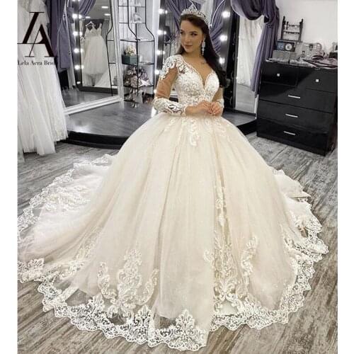 LelaAcra Wedding Dresses Long Sleeve Ball Gown 2021 Appliqued V-neck Lace Up Bridal Princess LI63 Plus Size Vestido De Novia