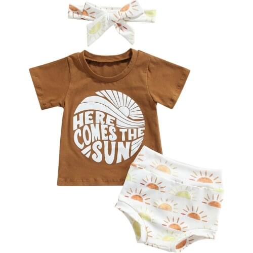 New Baby Girls 2Pcs Summer Outfits, Short Sleeve Letter Sun Print Tops + Shorts + Headband Set