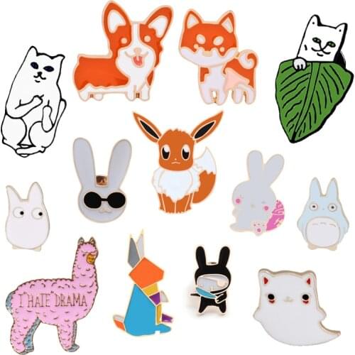 Cute Animal women Brooches Pin Lazy Cat Pet Dog fox Rabbit horse Enamel Badges Button denim Lapel Clothes bag shirt pins Jewelry