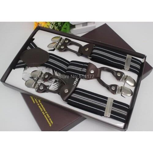 2019 Fashion leather Mens braces 6 clips elastic stripe adjustable suspenders GIft box adult braces Width 3.5cm Length:110cm