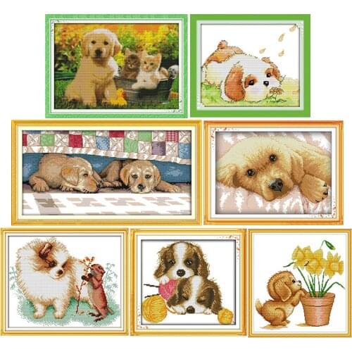 Dog&friend printed patterns animal cross stitch kits 11CT14CT counted crafts DMC handmade sewing needlework embroidery set decor