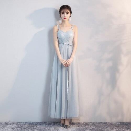 Real Shot Fashion Blue-gray Long Mesh Built-in Bra Ribbon Summer Dresses Prom Party Dresses Woman Party Night Casual Dress 8869