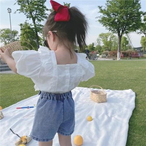 New 2021 Summer Baby Girls White Blouses Ruffles Short Sleeve Korean Style Toddlers Kids Cotton Shirts