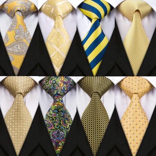 New Yellow Ties Sets BarryWang Design For Men Striped & Dot & Paisley Tie Hanky Cufflinks Sets Business Wedding Party Neck Ties