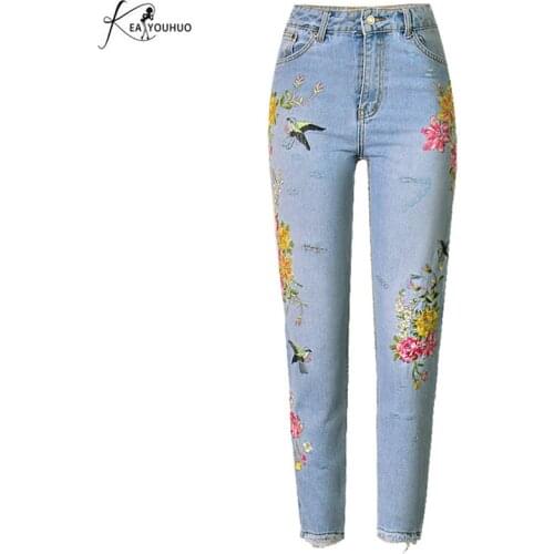 Autumn 2020 Flowers Embroidered Jeans Woman Pants Denim Mom Boyfriend Jeans For Women High Waist Straight Jean Femme Trousers