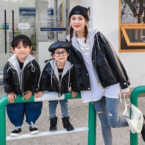 Autumn Soild Black Short Leather Casual Jacket Coat for Girls and Boys Mom Daughter Son Childrens Outerwear Kids Girl Clothing