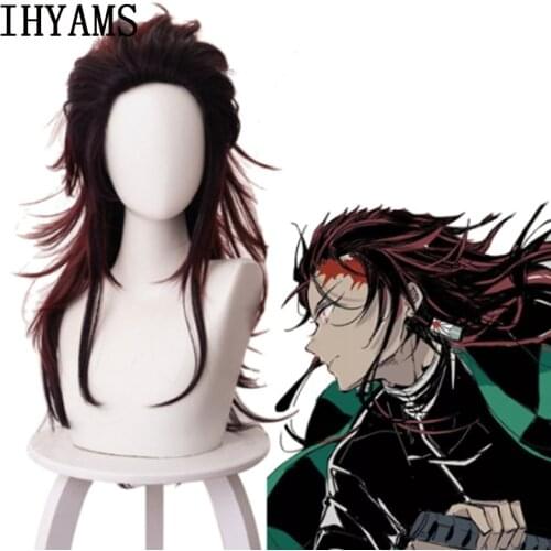 Anime Demon Slayer Kimetsu No Yaiba Cosplay Wigs Kamado Tanjirou Wig Long Heat Resistant Synthetic Hair + Free Wig Cap