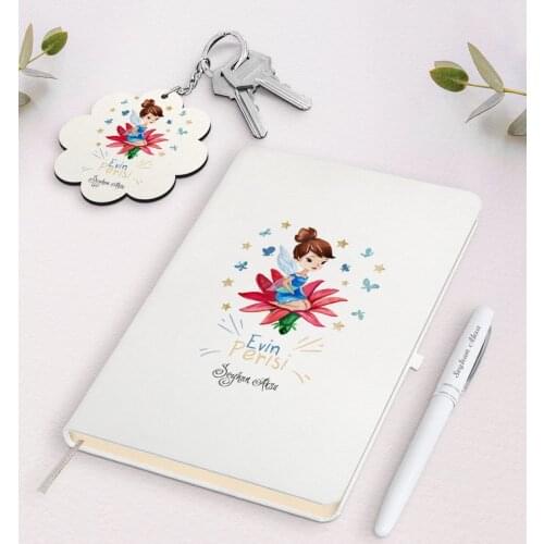 Personalized House Fairy White Notebook Pen and Keychain Gift Seti-2 Reliable Quality Gift Casual Design Moment