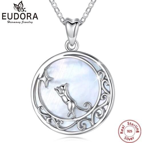 EUDORA Natural Mother of Pearl Pendant White Shell 925 Sterling Silver Pendant Moon Star cat Necklace with free Jewelry Box MB02